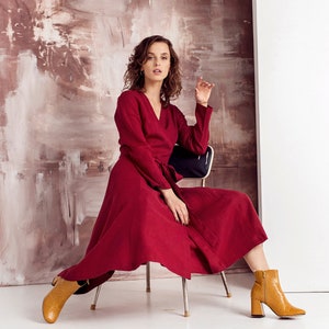 Red Linen Dress, Wedding Guest Dress, Linen Wrap Dress, Formal Dress, Elegant Dress, Cocktail Dress, Plus Size Linen, Womens Clothing