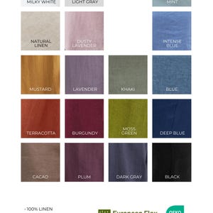 May include: A color chart showing 16 different linen fabric colors. The colors are: Milky White, Light Gray, Mint, Natural Linen, Dusty Lavender, Intense Blue, Mustard, Lavender, Khaki, Blue, Terracotta, Burgundy, Moss Green, Deep Blue, Cacao, Plum, Dark Gray, and Black. The chart also includes the text "100% LINEN", "can't see through", "weight 206 g/m&sup2; | 6.49 oz/yd&sup2;", "European Flax. Premium linen fibre", and "OEKO TEX".