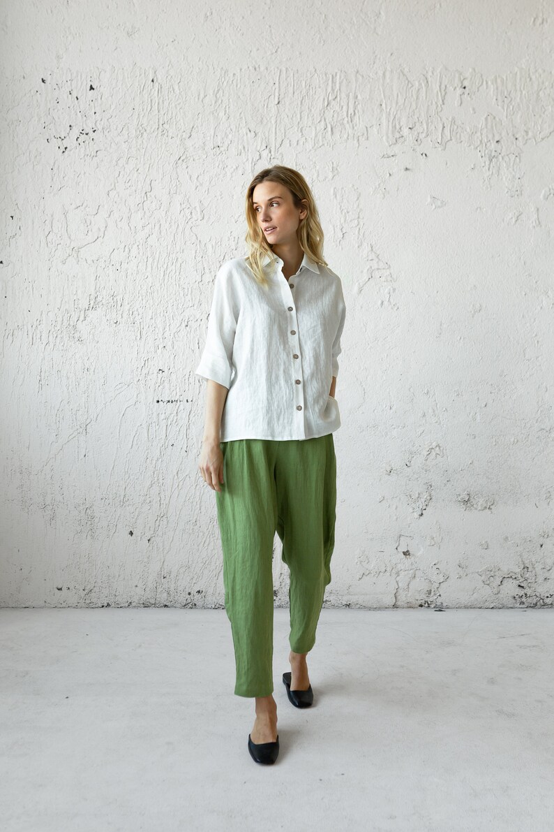 Linen Pleated Pants, Green Summer Pants, Mid Century Modern, Plus Size Clothing, Tapered Linen Pants, Linen Clothing, Bananas Pants, Boho image 2