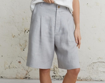 Bermuda in lino da donna, stile estivo, abbigliamento in lino, pantaloncini da spiaggia larghi, pantaloncini da ufficio, abbigliamento da donna, pantaloncini a vita alta, gamba larga