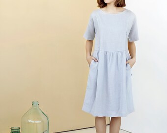 Minimalist linen dress for wedding guest - Light blue linen empire waist dress with pockets -  Boho dress ideal for summer