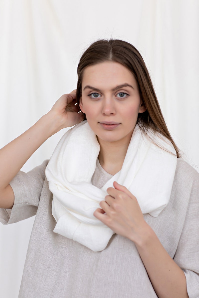 White Linen Scarf, Linen Shawl, Long Linen Scarf, Linen Cover Up, Girlfriend Gift, Linen Neck Wrap, Linen Accessories, Linen Cowl Neck image 1