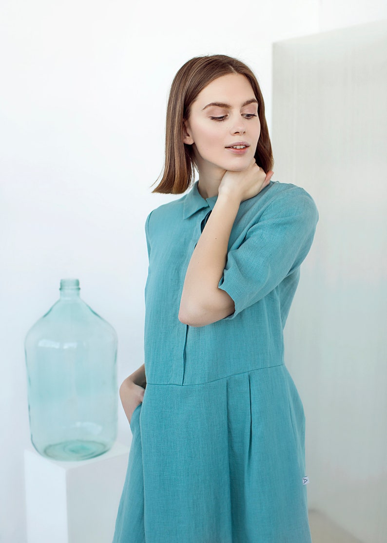 Linen Shirt Dress with Pockets Office Dress Collar Linen Etsy