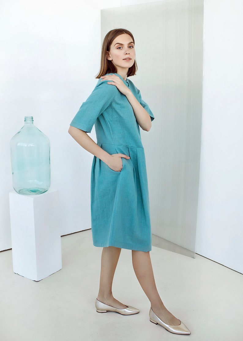 Linen Shirt Dress with Pockets Office Dress Collar Linen | Etsy