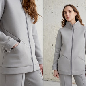 Grey cotton zip hoodie for the fall season, womens zipper sweatshirt perfect fall style gift for her