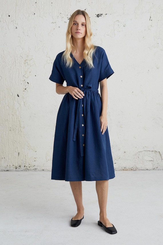 Button Down V Neck Linen Dress In Cottagecore Style ~ Linen Prairie Dresses For Wedding Guest~Mid Century Modern Summer Style Linen Clothing Button Down V Neck Linen Dress In Cottagecore Style ~ Linen Prairie Dresses For Wedding Guest~Mid Century Modern Summer Style Linen Clothing