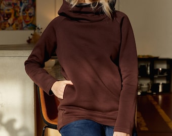 High Neck Pullover, Spring Style Gifts, Handmade Sweaters, Gifts For Her, Warm Sweatshirts, Womens Clothing, Cozy Chocolate Brown Hoodie