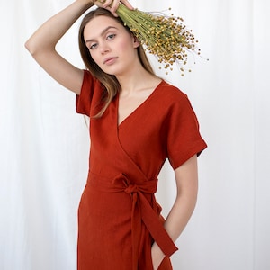 Linen wrap dress in red color.