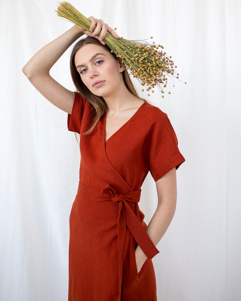 Linen wrap dress in red color.