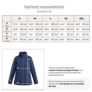May include: Navy blue jacket with a high collar and a full-length zipper. The image includes a garment measurement chart with bust, waist, hips, and length measurements in inches and centimeters for sizes S to 2XL.