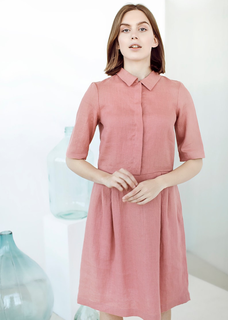 Pink Linen Dress Linen Shirt Dress Retro Dress Linen | Etsy