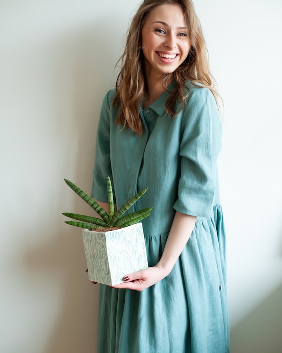 Linen Loungewear Dress, Comfy Dress, Linen Garden Dress, Loose Dress, Plus Size Linen, Collar Dress, Linen Summer Dress, Pocket Dress