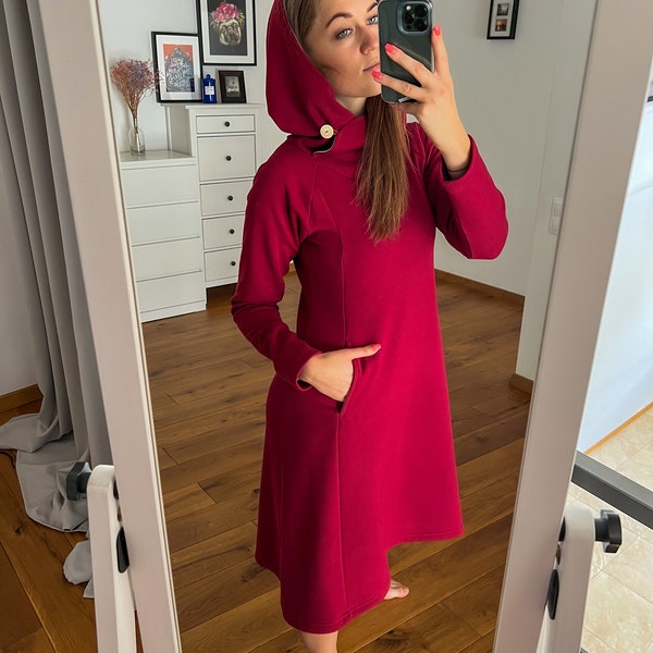 Winterkleider für Frauen, Pulloverkleid, Damenbekleidung, Rotes Pulloverkleid, Frühlingskleid, Warmes Hoodiekleid, Sweatshirtkleid, Bequemes Kleid