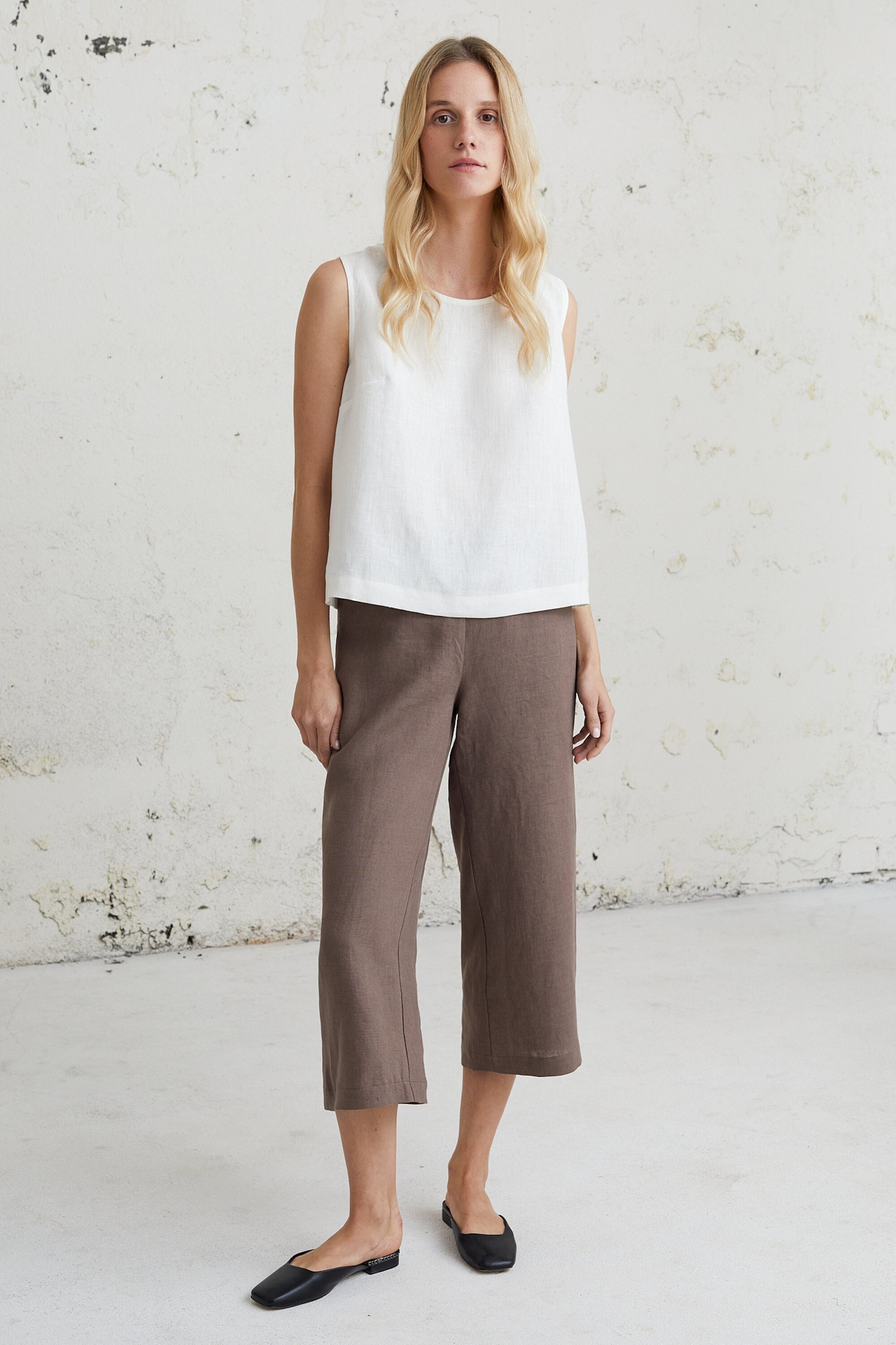 Linen Trousers Natural Beige 90’s～ Linen Trousers, Wide Leg Palazzo Pants With Pockets. Beige