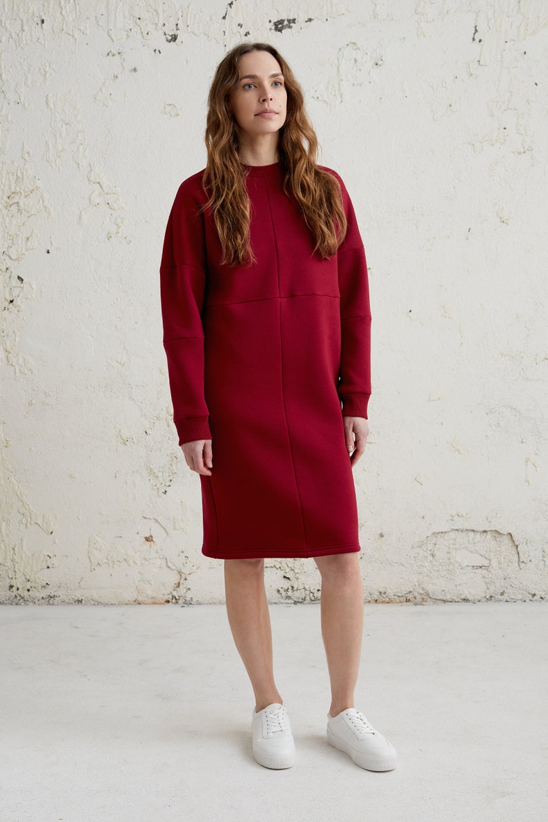 Burgundy Sweater Dress, Winter Womens Clothing, Cotton Dress, Sweatshirt Dress, Jumper Dress For Women, Plus Size Clothing, Maternity Dress image 3