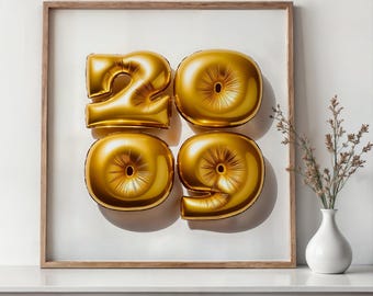 Date personnalisée en forme de ballons sur fond blanc avec un rendu métallique brillant doré, argenté et cuivré