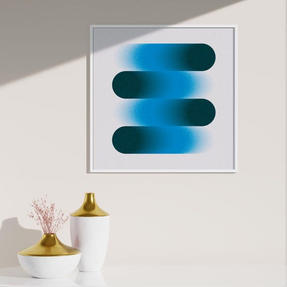 Affiche d'art abstrait minimaliste aux tons bleus et turquoise, avec un dégradé granuleux, au style moderne et tendance. FICHIERS NUMÉRIQUES