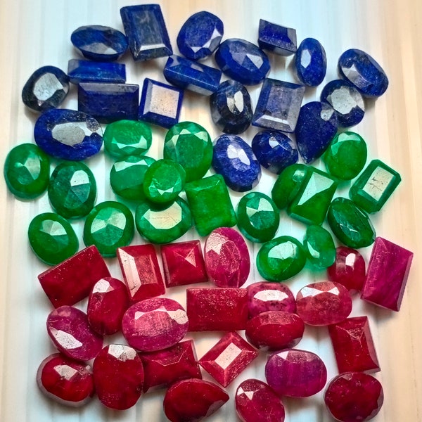 Natural Red Ruby Blue Sapphire Green Emerald Mixed Cut  Loose Gemstone Lot Genuine Mixed Shape Gemstone Lot