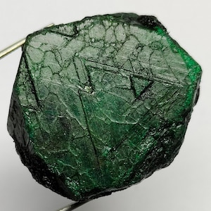 Puede incluir: Una esmeralda en bruto, sin cortar, de color verde intenso. La superficie muestra una red de fracturas y texturas naturales, con una forma irregular. La gema está sujeta por una herramienta metálica, mostrando su belleza natural.