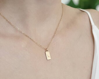 Personalised Rectangle Necklace 14k Rose Gold Fill • Small Rose Gold Tag • Stamped Initial Necklace • Delicate Tag Necklace • Tiny Gold Bar