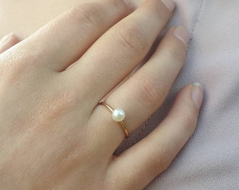 Dainty Freshwater Pearl Ring ∙ Yellow Gold Filled, Rose Gold Filled  Or Sterling Silver ∙ Minimal Pearl Stacking Ring∙ June Birthstone Ring