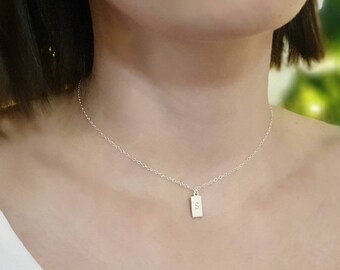 Personalised Rectangle Necklace Sterling Silver • Small Silver Charm • Stamped Initial Necklace • Delicate Tag Necklace • Tiny Initial Bar