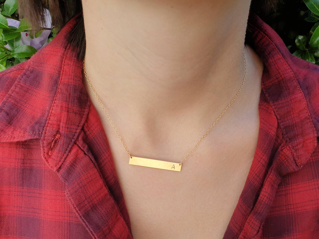 Personalised Bar Necklace 14k Gold Fill Gold Letter Bar Initial Stamped