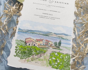 May include: A watercolor illustration of a wedding invitation with a hand-drawn image of a building with a lake and mountains in the background. The text on the invitation reads "Christina & Kristian, Dall or inbeyling of high, Det afholdes den 1. September 2021, Fonte Sala, Localita San Marco, Ta, Montefalco, Umbrien 06018, Italien."