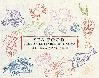 Seafood Illustration SVG PNG Bundle – Hand-Drawn Line Art