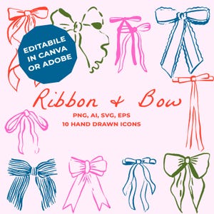 Hand Drawn Wedding Ribbon with Bow Clipart in SVG,  Whimsical illustration in PNG, Editable in Canva Wedding and Birthday Invitations
