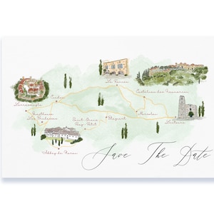 Mapa de boda personalizado con 5 ubicaciones principales, mapa de boda en acuarela, invitación imprimible, mapa de boda, lugar de celebración de la invitación de boda