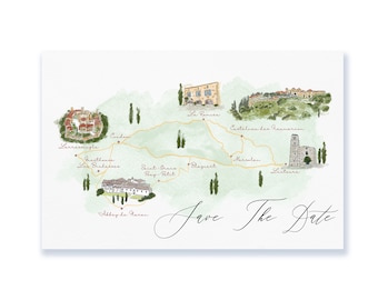 Custom Wedding Map 5 Main Locations, Watercolor Wedding Map, Printable Invitation, Wedding Map, Wedding Invitation Venue