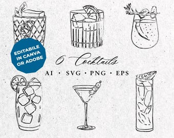 Hand Drawn Cocktail Illustrations, Drink Clipart (SVG & PNG Digital Download)