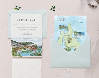 May include: A wedding invitation with a watercolor illustration of a seaside town. The invitation is for Olly and Rosie's wedding on Saturday, October 7th at 5:00 PM at the Genting Retreat in Mikatata, Lavarno, Katonia.