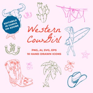 Cowgirl kust vrijgezellenfeest clipart, handgetekende grillige doodle illustratie, bruids partij doodle pictogram, Western Beach Party in SVG, png PNGEgg
