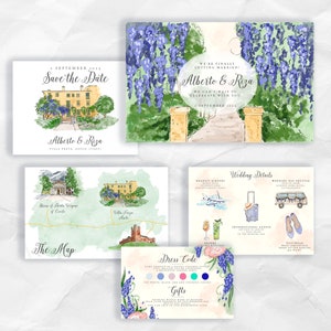 Custom Watercolor Wedding Invites, Digital Only, Wedding Stationery and Map, Italy Wedding