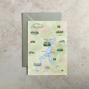 Aangepaste geïllustreerde trouwkaart, trouwkaart, aquarelkaart, bewaar deze datum, trouwkaart Italië, illustraties Comomeer