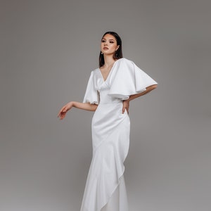 Straight silhouette dress, exposed back, wedding dress with sleeves, simple wedding dress, bridal gown