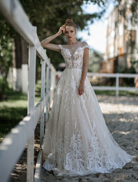 a line embroidered wedding dress