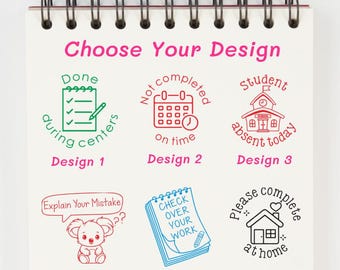 May include: A spiral-bound notepad with the text "Choose Your Design" in pink. It features six stamp designs in green, red, and blue, including a checklist, calendar, schoolhouse, koala, notebook, and house. Each design has a corresponding label.