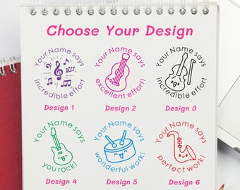 May include: A spiral-bound notepad displays six colorful musical instrument designs for stamps. Each design features a different instrument, such as a violin, guitar, and saxophone, with text that reads "Choose Your Design."