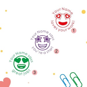 Gepersonaliseerde schoolleraar stempels, aangepaste lerarenstempels, aangepaste voorgeinkte stempels, smile face, star eyes