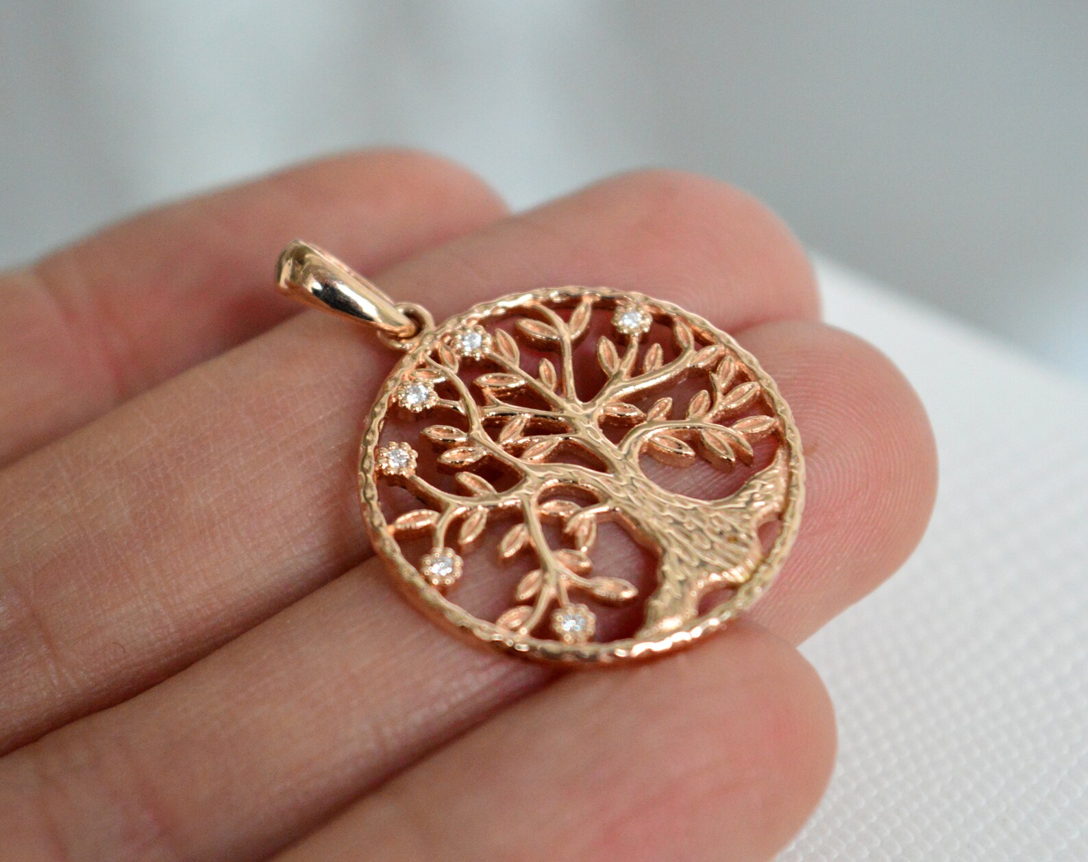 Solid Rose Gold Family Tree Pendant / Solid 14 K Gold Pendant/ Etsy