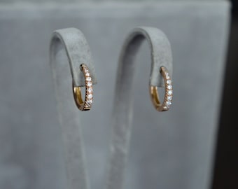 14K Solid Rose Gold Hoop Earrings/ Rose Gold Huggie Earrings / Hoops with Diamonds / Gift for bride