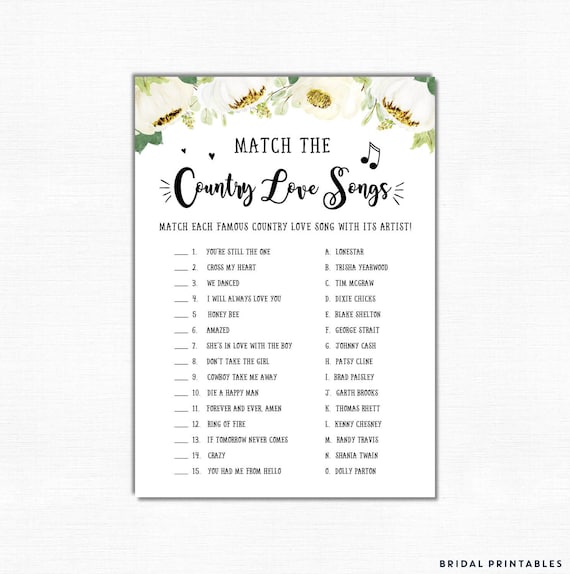 Country Love Song Bridal Shower Game Wedding Shower Etsy