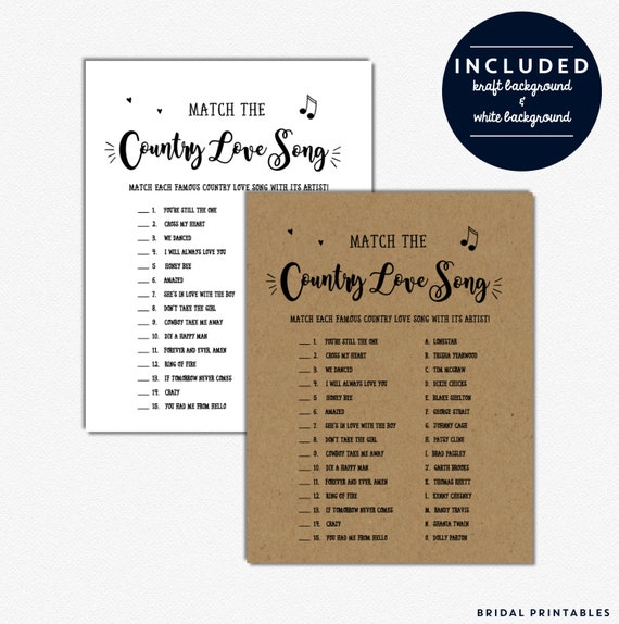 Country Love Song Bridal Shower Game Wedding Shower Etsy