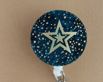 Night sky with gold star badge reel, nurse badge, badge clip, badge holder, retractable badge reel, teacher badge reel