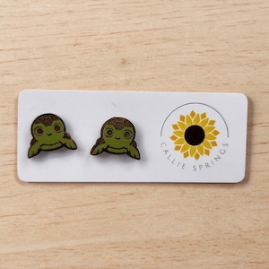 Wooden Turtle Post Earrings: Laser-Engraved, Painted Wood Jewelry