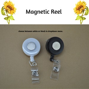 Magnetic badge reels, for interchangeable button tops