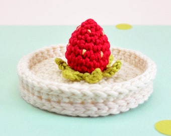 Red strawberry crohet jewlery dish, fruity trinket dish